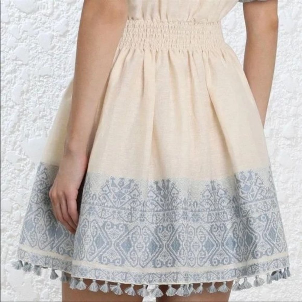 Zimmermann Helm Split Neck Jacquard Fringe Tassel Linen Lace Mini Dress - Picture 4 of 12